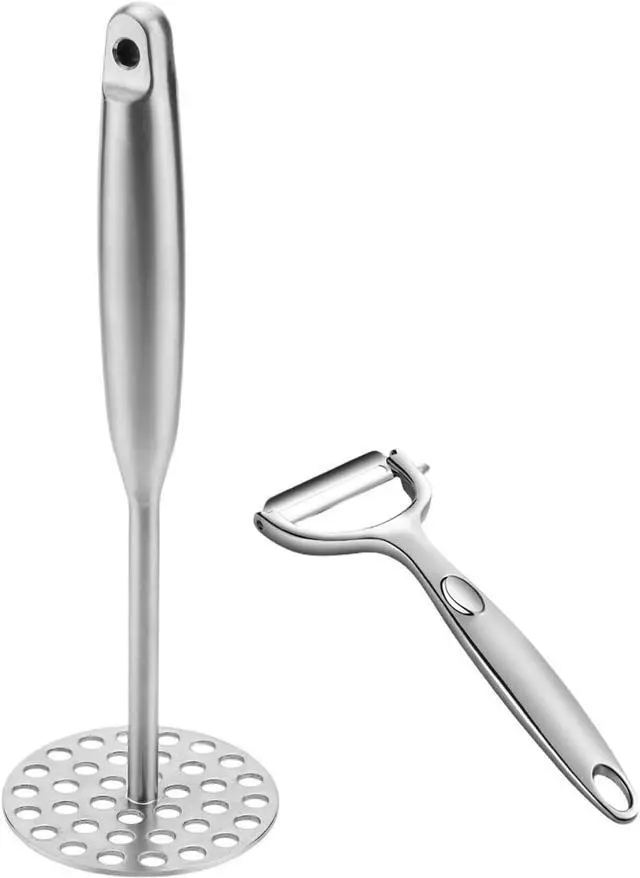 Main image of Potato Masher +Peeler 2 in 1 Set 304 Stainless Steel with Ergonomic Handle | Perforated Base, Long Big Ergonomic Handle, For Potatoes, Avocados, Beans, Fruit, Vegetables, Ricer Kitchen Tool