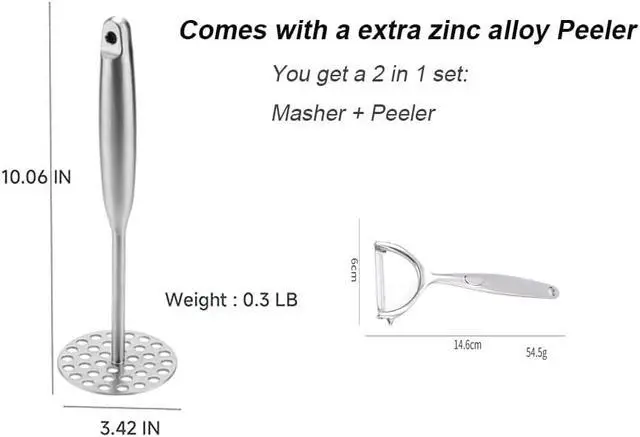 Alt view image 2 of 7 - Potato Masher +Peeler 2 in 1 Set 304 Stainless Steel with Ergonomic Handle | Perforated Base, Long Big Ergonomic Handle, For Potatoes, Avocados, Beans, Fruit, Vegetables, Ricer Kitchen Tool