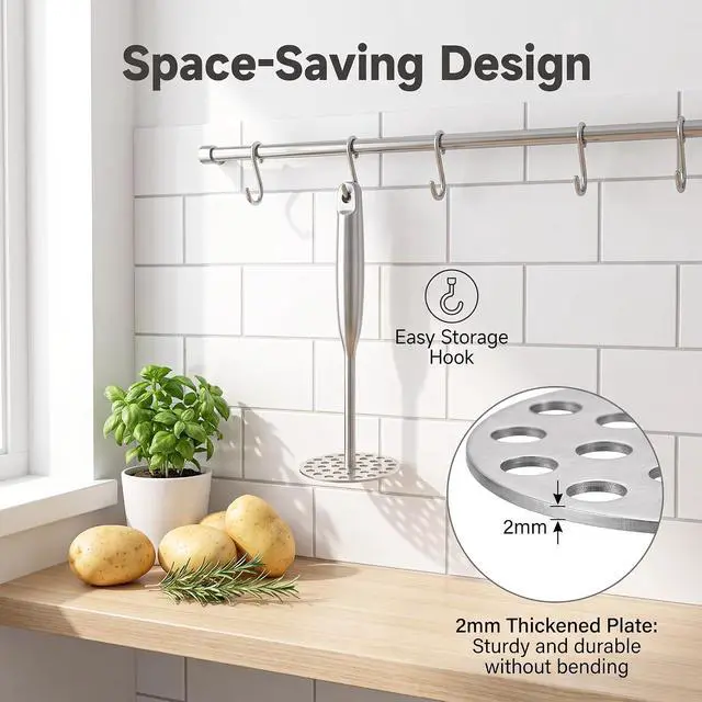 Alt view image 5 of 7 - Potato Masher +Peeler 2 in 1 Set 304 Stainless Steel with Ergonomic Handle | Perforated Base, Long Big Ergonomic Handle, For Potatoes, Avocados, Beans, Fruit, Vegetables, Ricer Kitchen Tool