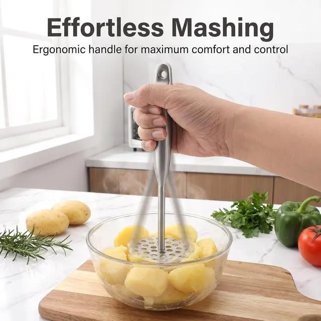 Alt view image 6 of 7 - Potato Masher +Peeler 2 in 1 Set 304 Stainless Steel with Ergonomic Handle | Perforated Base, Long Big Ergonomic Handle, For Potatoes, Avocados, Beans, Fruit, Vegetables, Ricer Kitchen Tool