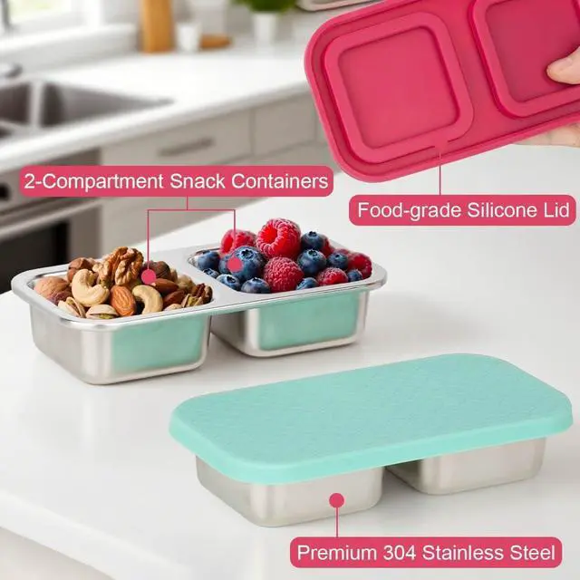 Alt view image 4 of 5 - DOSEWART 2-Compartment Stainless Steel Snack Containers | Reusable Snack Containers with Silicone Lids for Meal Prep Food Storage On-the-Go Snacking(2 Pack)