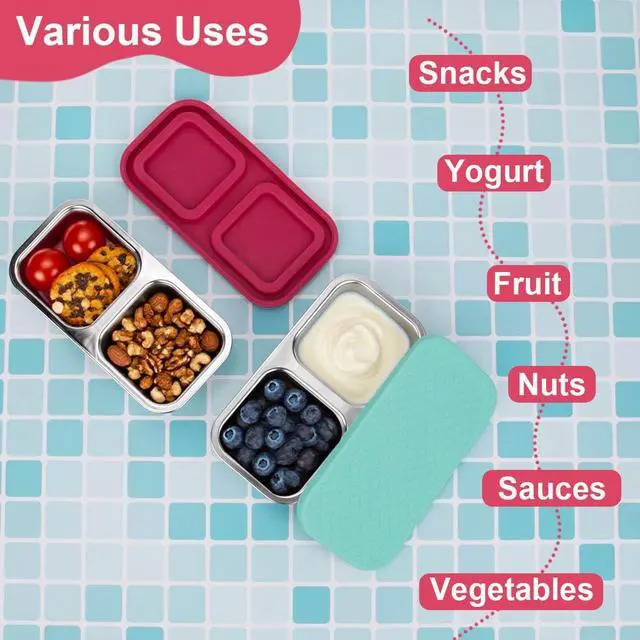 Alt view image 5 of 5 - DOSEWART 2-Compartment Stainless Steel Snack Containers | Reusable Snack Containers with Silicone Lids for Meal Prep Food Storage On-the-Go Snacking(2 Pack)