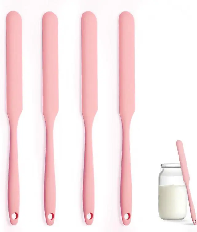 Main image of Silicone Jar Spatula Set of 4, Long Handle Skinny Spatula and Spurtle for Sourdough Starter, Flexible Jar Scraper for Peanut Butter, Jam, Icing, Cream with No Batter Left Behind (4, Pink)