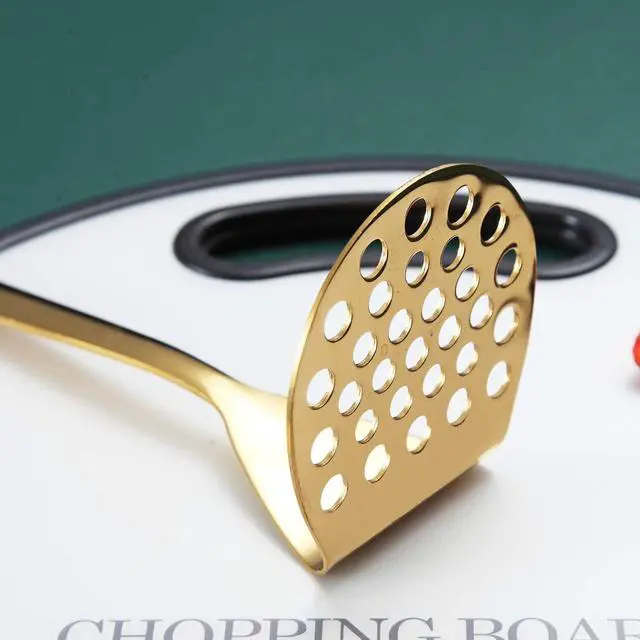 Alt view image 5 of 7 - Gold Potato Masher, Berglander Heavy Duty Metal Potato Ricer Stainless Steel With Titanium Gold Plating, Food Utensil Hand, Vegetables Fruits Mashe, Dishwasher Safe, Easy to Clean
