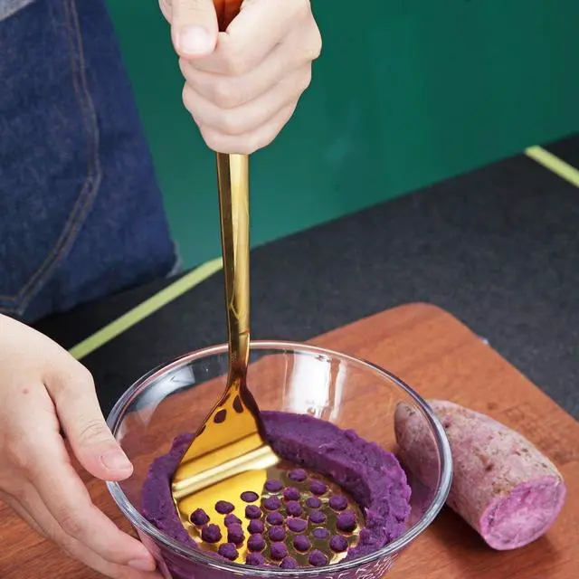 Alt view image 7 of 7 - Gold Potato Masher, Berglander Heavy Duty Metal Potato Ricer Stainless Steel With Titanium Gold Plating, Food Utensil Hand, Vegetables Fruits Mashe, Dishwasher Safe, Easy to Clean