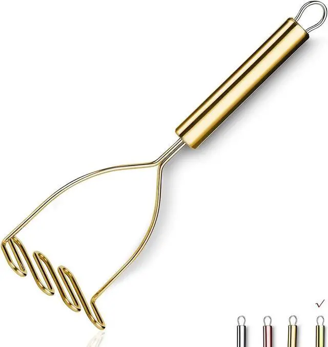 Main image of Gold Potato Masher, Stainless Steel Heavy Duty Metal Potato Ricer With Titanium Golden Plating, Food Masher Utensil, Hand Masher, Vegetables Fruits Mashe, Dishwasher Safe (9.6 Inch)