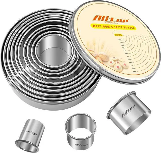 Main image of ALLTOP 12 Pcs Round Biscuit Cutter - Stainless Steel Baking Essential Tool for Effortless Circle Cookie Shaping,Pastry,Cake Decoration&Fondant Creation Precise Cut Utensil for Dumpling,Scone, Donut