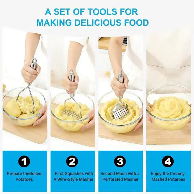 Alt view image 6 of 7 - 2PCS Potato Masher Set, Stainless Steel Smasher Kitchen Tools | Works For Mashed Potatoes Guacamole Beans Vegetables Fruit Meat Butter And Puree, Ergonomic Handle Design