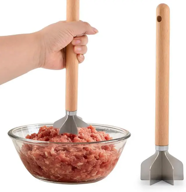 Main image of Stainless Steel Meat Chopper, Metal Potato Masher, Heavy Duty Mashing Head & Wooden Handle, Rust prevention & Sturdy Ground Meat Smasher for Hamburger, Beef, Turkey or Potatoes (COLOR:Beech Wood)