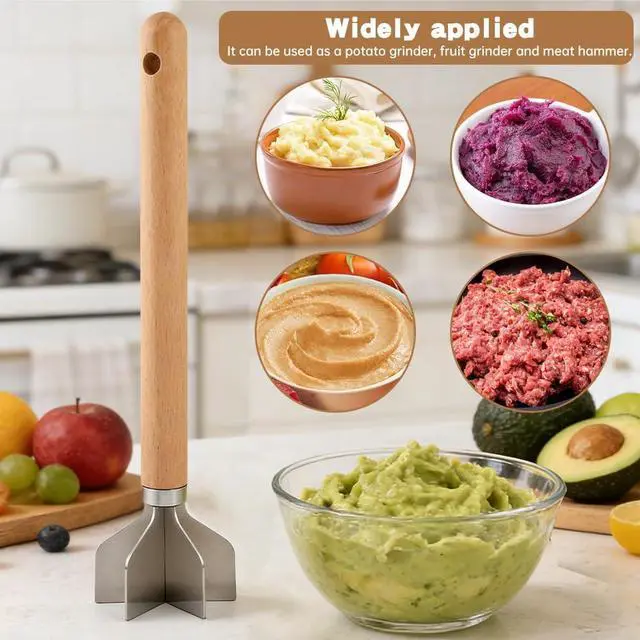 Alt view image 5 of 7 - Stainless Steel Meat Chopper, Metal Potato Masher, Heavy Duty Mashing Head & Wooden Handle, Rust prevention & Sturdy Ground Meat Smasher for Hamburger, Beef, Turkey or Potatoes (COLOR:Beech Wood)