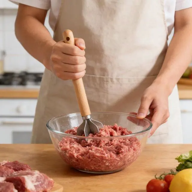 Alt view image 4 of 7 - Stainless Steel Meat Chopper, Metal Potato Masher, Heavy Duty Mashing Head & Wooden Handle, Rust prevention & Sturdy Ground Meat Smasher for Hamburger, Beef, Turkey or Potatoes (COLOR:Beech Wood)