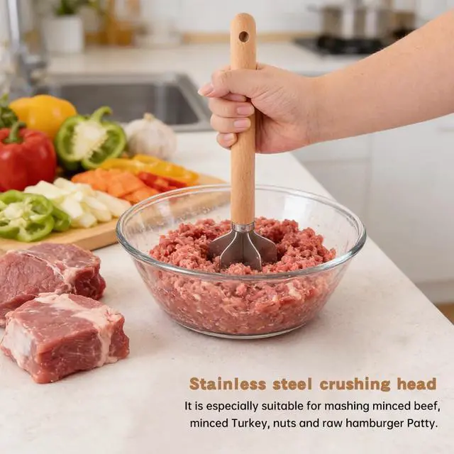 Alt view image 7 of 7 - Stainless Steel Meat Chopper, Metal Potato Masher, Heavy Duty Mashing Head & Wooden Handle, Rust prevention & Sturdy Ground Meat Smasher for Hamburger, Beef, Turkey or Potatoes (COLOR:Beech Wood)