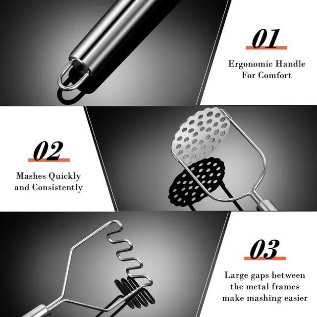 Alt view image 3 of 6 - Potato Masher, Stainless Steel Masher for Potatoes, Beans, Berries, Fruits | Crush Potatoes in Second, Mash Potatoes Smoothly, Easy to Clean, Sturdy and Durable, 2 Pack Set with A Brush
