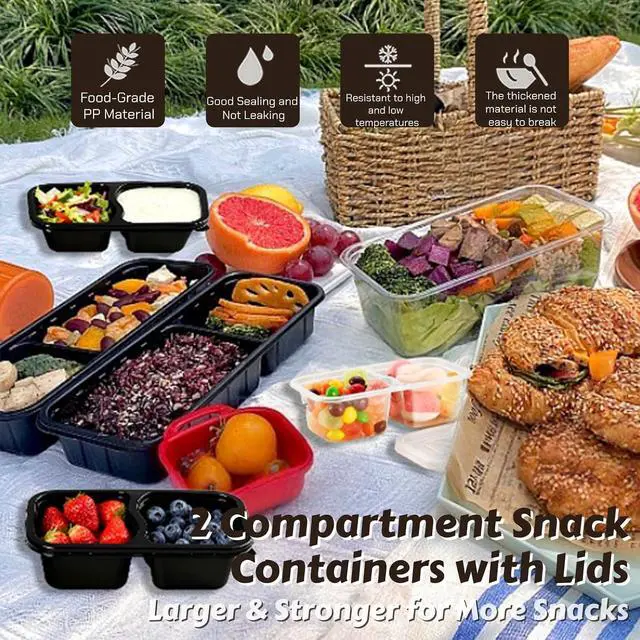 Alt view image 2 of 5 - Snack Containers with Lids - 20PCS Double Compartment Snack Containers for Portion Control, Dishwasher Safe & Leak Proof Meal Prep Lunch Containers for Travel Office 6.76oz (BLACK)