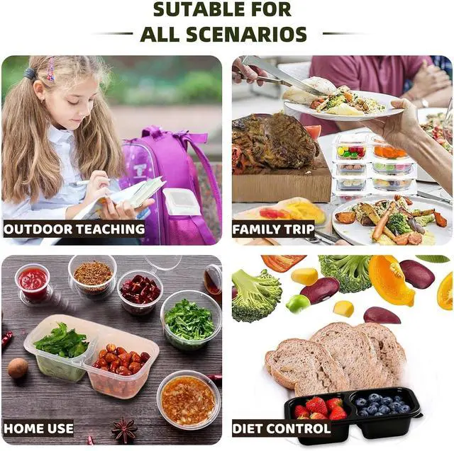 Alt view image 5 of 5 - Snack Containers with Lids - 20PCS Double Compartment Snack Containers for Portion Control, Dishwasher Safe & Leak Proof Meal Prep Lunch Containers for Travel Office 6.76oz (BLACK)