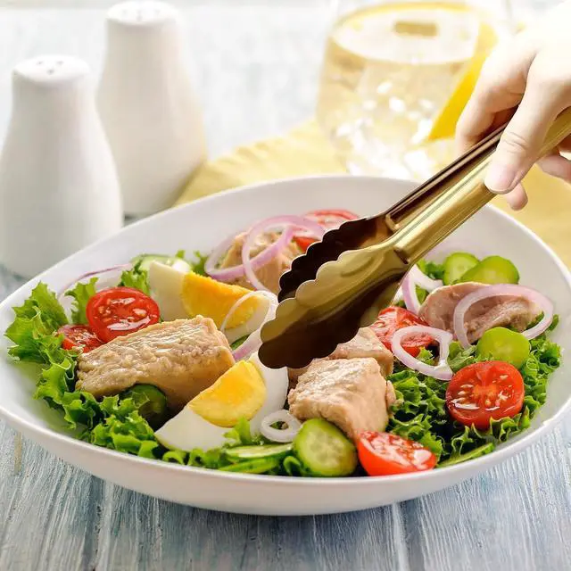 Alt view image 4 of 7 - 4 Pack 9 Inch Serving Tongs Gold Stainless Steel Kitchen Tongs,Non-Slip & Easy Grip Buffet Tongs, Gold Food Tongs for Salad, Ice, Cooking, Bread, Fruit,Barbecue