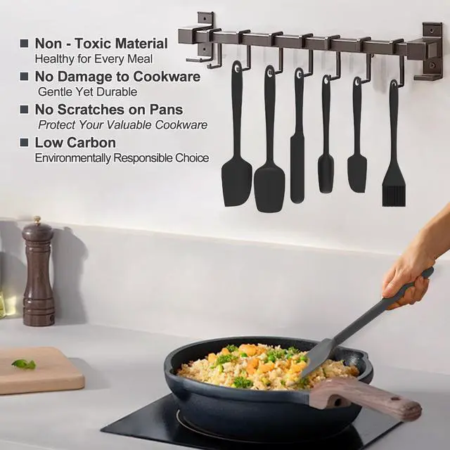 Alt view image 4 of 5 - Silicone Spatula Set, 6 Pieces Food Grade Kitchen Utensils with Silicone Brush Heat Resistant Dishwasher Safe BPA-free Rubber Spatula for Scraping, Baking, Cooking, Mixing (Black)