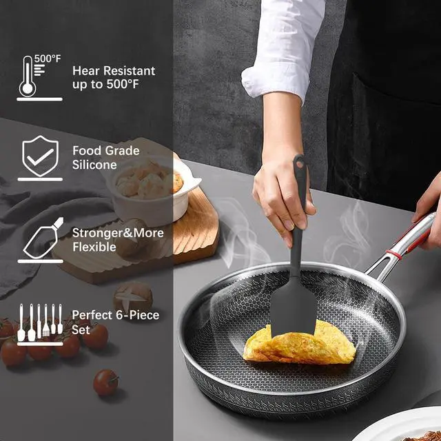 Alt view image 5 of 5 - Silicone Spatula Set, 6 Pieces Food Grade Kitchen Utensils with Silicone Brush Heat Resistant Dishwasher Safe BPA-free Rubber Spatula for Scraping, Baking, Cooking, Mixing (Black)
