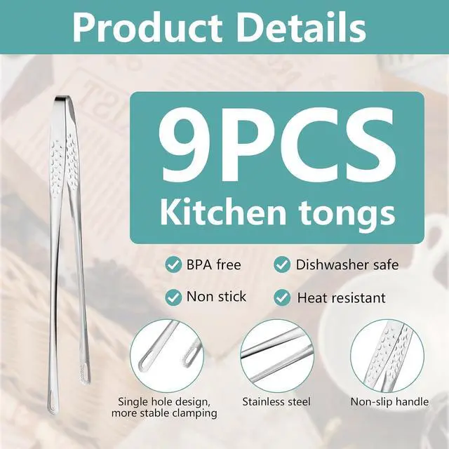 Alt view image 3 of 7 - 9 Pcs Stainless Steel Korean BBQ Tongs, 11" Hot Pot Tongs Bulk for Cooking Portable Kitchenware Home Outdoor Steak Salad Food