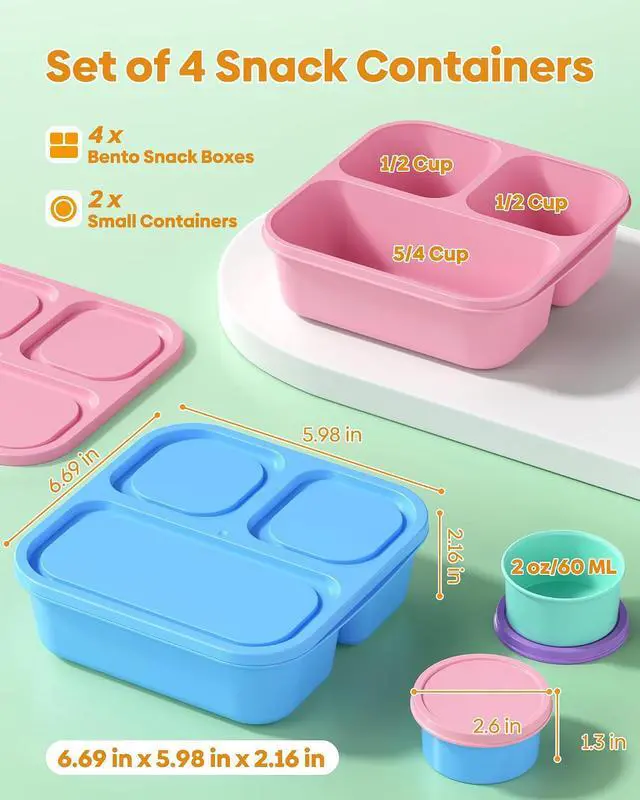 Alt view image 2 of 7 - Canfanni 4 Pcs Bento Box Set, Reusable 3 Compartments Snack Boxes with 2 Leakproof Small Containers, Stackable Meal Prep Lunch Containers for School, Work, and Travel