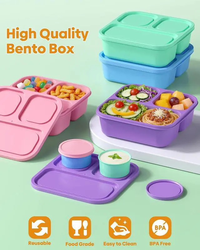 Alt view image 3 of 7 - Canfanni 4 Pcs Bento Box Set, Reusable 3 Compartments Snack Boxes with 2 Leakproof Small Containers, Stackable Meal Prep Lunch Containers for School, Work, and Travel