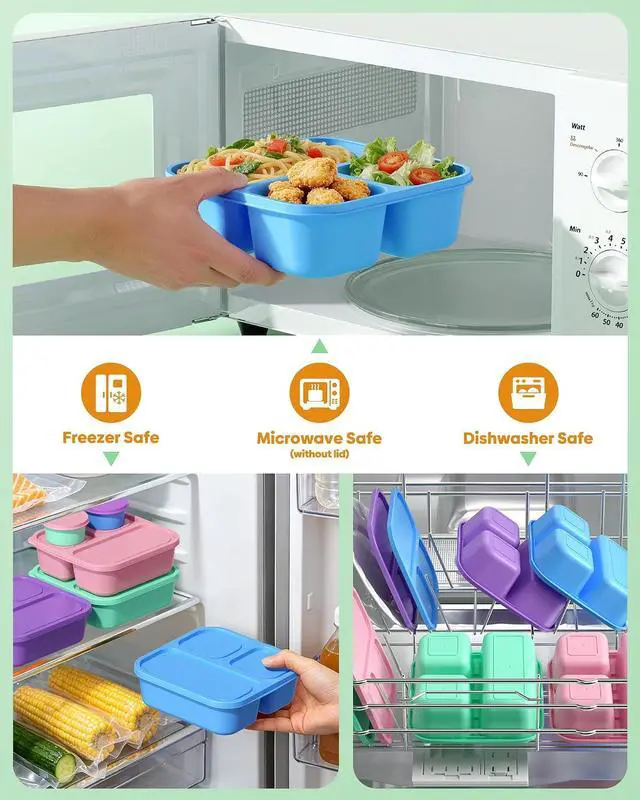 Alt view image 5 of 7 - Canfanni 4 Pcs Bento Box Set, Reusable 3 Compartments Snack Boxes with 2 Leakproof Small Containers, Stackable Meal Prep Lunch Containers for School, Work, and Travel