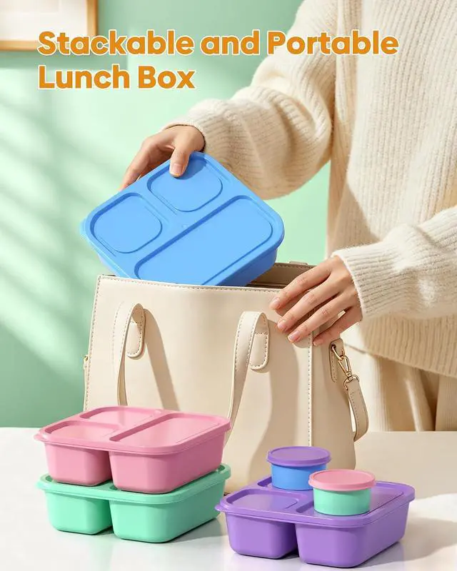 Alt view image 6 of 7 - Canfanni 4 Pcs Bento Box Set, Reusable 3 Compartments Snack Boxes with 2 Leakproof Small Containers, Stackable Meal Prep Lunch Containers for School, Work, and Travel