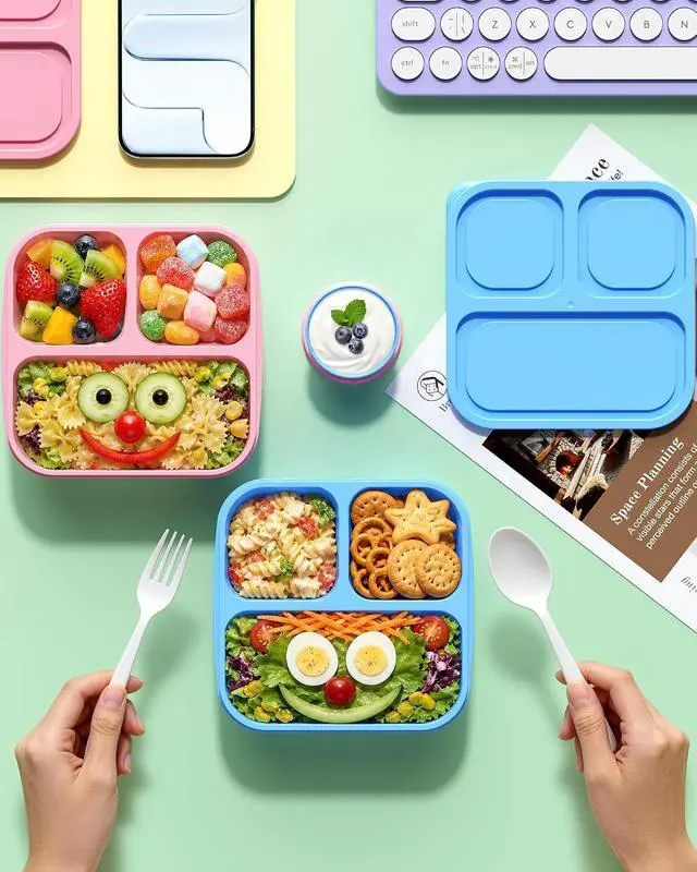 Alt view image 7 of 7 - Canfanni 4 Pcs Bento Box Set, Reusable 3 Compartments Snack Boxes with 2 Leakproof Small Containers, Stackable Meal Prep Lunch Containers for School, Work, and Travel