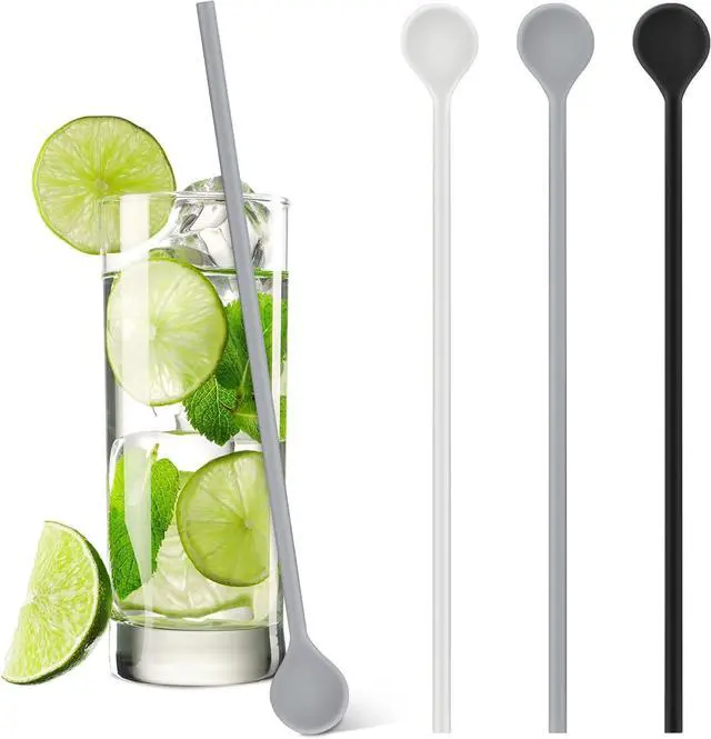 Main image of Reallnaive 3 Pcs 10" Silicone Stirrer Stick Spoon Reusable Long Cocktail Coffee Stirrers Iced Tea Spoon Swizzle Stirs Stick Multipurpose for Whiskey Beverage Formula Mixing Milk(Black,White,Grey)