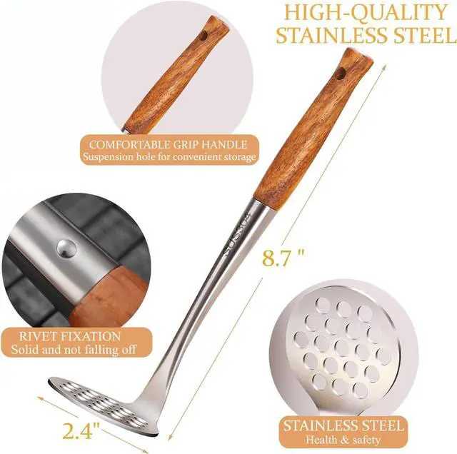 Alt view image 2 of 7 - Avocado Masher Stainless Steel Small, Mini Potato Masher, Wooden Handle Potatoes Masher Kitchen Tool for Avocado, Potatoes, Beans, Vegetables, 8.7Inch Metal Mashing Utensil