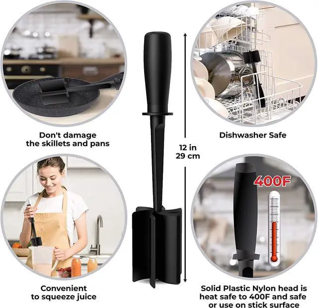 Alt view image 2 of 5 - Professional Heat Resistant Ground Beef/Hamburger/Potato Masher | Nylon Ground Beef Chopper Tool | Hambuger Smasher Safe for Non-Stick Cookware (black)