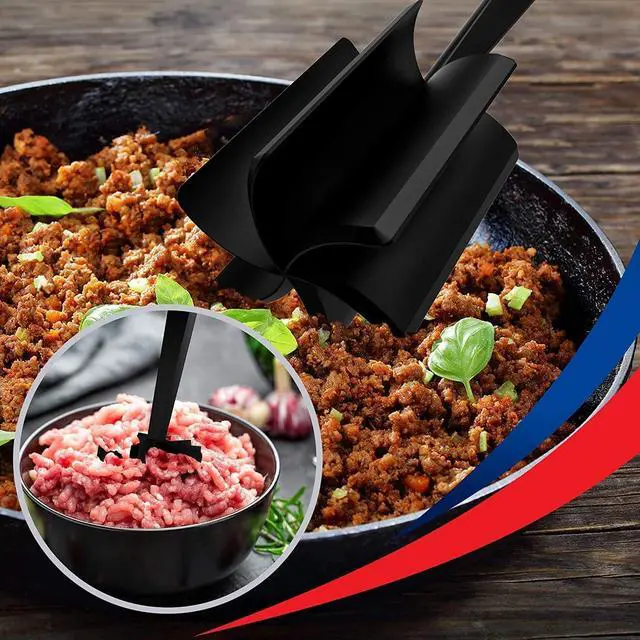 Alt view image 3 of 5 - Professional Heat Resistant Ground Beef/Hamburger/Potato Masher | Nylon Ground Beef Chopper Tool | Hambuger Smasher Safe for Non-Stick Cookware (black)