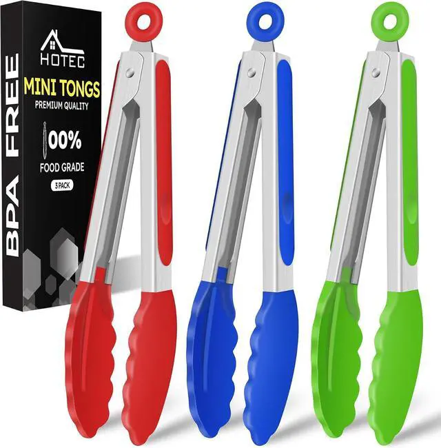 Main image of Hotec Mini Silicone Kitchen Tongs for Cooking - 7-Inch Small Serving Tongs with Silicone Tips, Set of 3 (Red,Blue,Green)