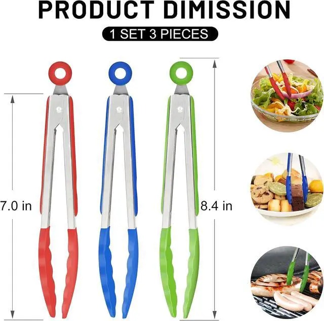 Alt view image 2 of 7 - Hotec Mini Silicone Kitchen Tongs for Cooking - 7-Inch Small Serving Tongs with Silicone Tips, Set of 3 (Red,Blue,Green)