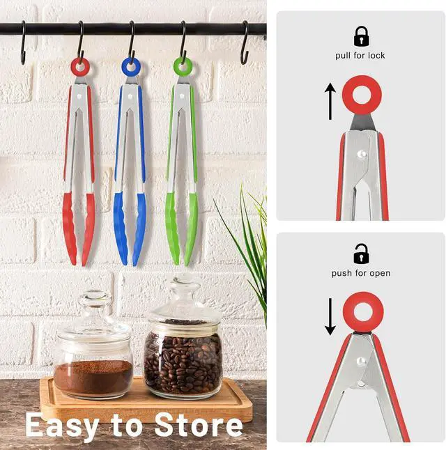 Alt view image 7 of 7 - Hotec Mini Silicone Kitchen Tongs for Cooking - 7-Inch Small Serving Tongs with Silicone Tips, Set of 3 (Red,Blue,Green)