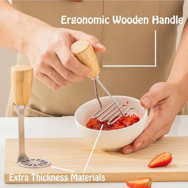 Alt view image 4 of 7 - 2Pcs Mini Potato Masher,Stainless Steel Mashed Potatoes Masher with wooden handle, Kitchen gadgets Tool for Potatoes, Beans, Meat, Vegetables,space saver (Mini Duo)