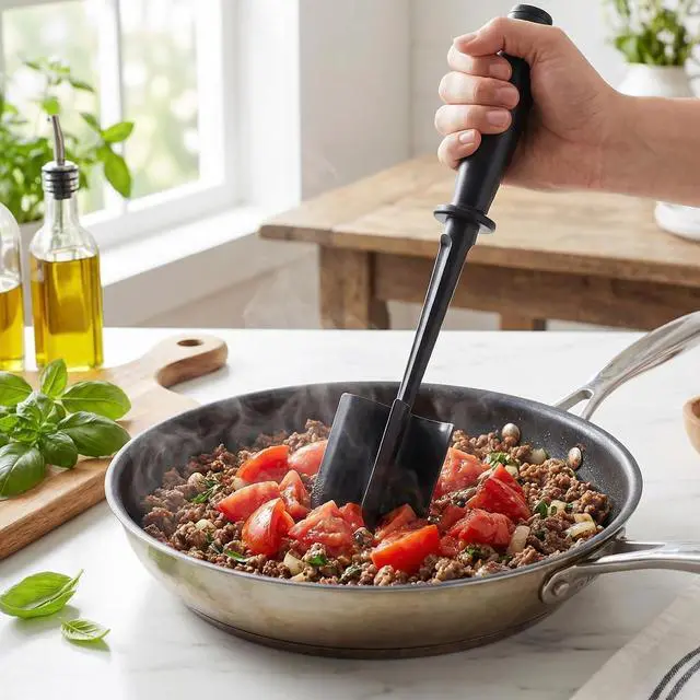 Alt view image 5 of 7 - Meat Chopper and Masher, Heat Resistant Kitchen Meat Masher Tool for Ground Beef, Hamburger Grinder, Potato Masher & Food Chopper for Cooking Meat, Vegetables, Fruits and Jam, Kitchen Gadget (black)