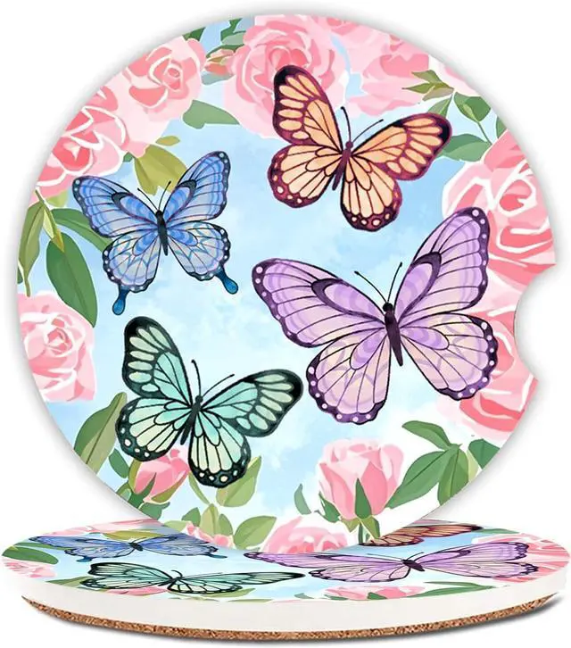 Main image of 2 Pcs Butterfly Car Coasters,Ceramic Cup Holder Coasters with a Finger Notch,2.56" Ceramic Stone & Non-Scratch Cork Base,Car Accessories for Women&Man.