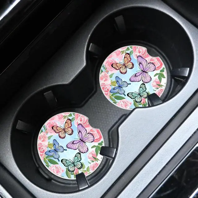 Alt view image 5 of 5 - 2 Pcs Butterfly Car Coasters,Ceramic Cup Holder Coasters with a Finger Notch,2.56" Ceramic Stone & Non-Scratch Cork Base,Car Accessories for Women&Man.