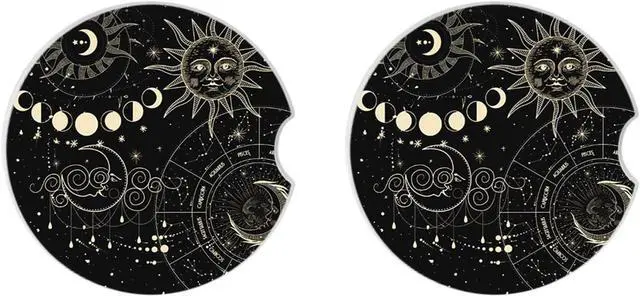 Alt view image 2 of 7 - Absorbent Car Coasters 2 Pack for Cup Holders, 2.56" Ceramic Stone & Non-Scratch Cork Base Drink Coasters(Moon and Sun)
