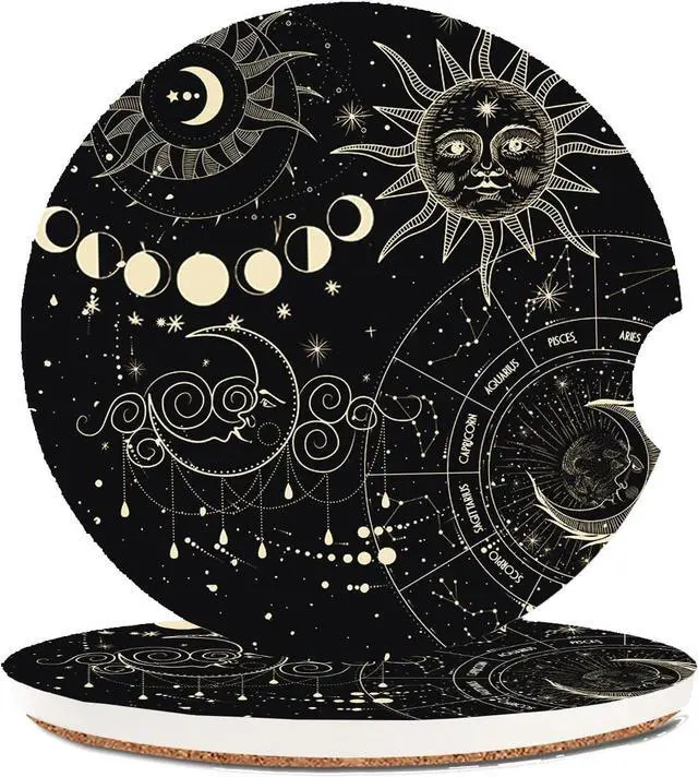 Main image of Absorbent Car Coasters 2 Pack for Cup Holders, 2.56" Ceramic Stone & Non-Scratch Cork Base Drink Coasters(Moon and Sun)