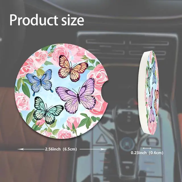 Alt view image 2 of 5 - 2 Pcs Butterfly Car Coasters,Ceramic Cup Holder Coasters with a Finger Notch,2.56" Ceramic Stone & Non-Scratch Cork Base,Car Accessories for Women&Man.
