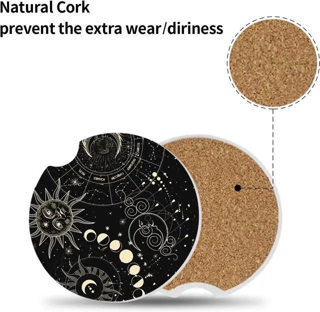 Alt view image 3 of 7 - Absorbent Car Coasters 2 Pack for Cup Holders, 2.56" Ceramic Stone & Non-Scratch Cork Base Drink Coasters(Moon and Sun)
