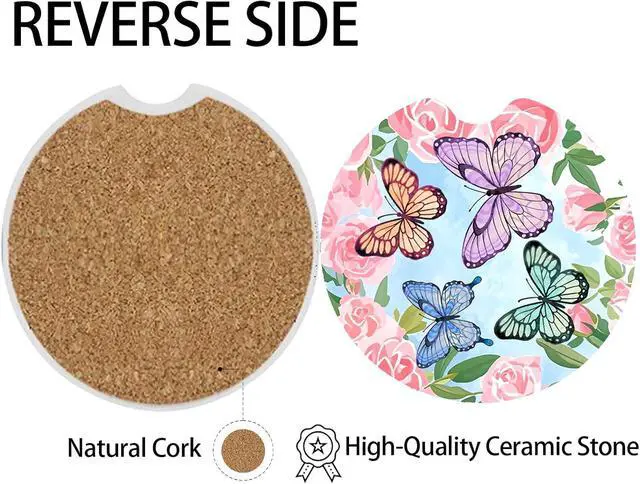 Alt view image 4 of 5 - 2 Pcs Butterfly Car Coasters,Ceramic Cup Holder Coasters with a Finger Notch,2.56" Ceramic Stone & Non-Scratch Cork Base,Car Accessories for Women&Man.