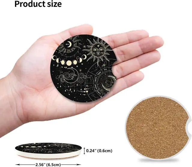 Alt view image 4 of 7 - Absorbent Car Coasters 2 Pack for Cup Holders, 2.56" Ceramic Stone & Non-Scratch Cork Base Drink Coasters(Moon and Sun)