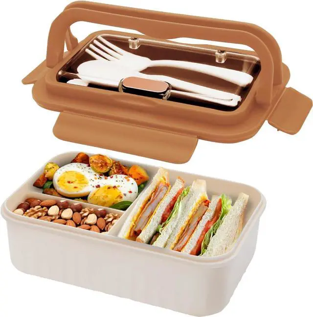 Main image of Bento Box Adult Lunch Box, Lunch Food Containers for Kids Girls Boys with 3 Compartments, 1100 ML Bento Box with Utensils, Microwave & Dishwasher Safe, BPA-Free and Food-Safe Materials(Brown)