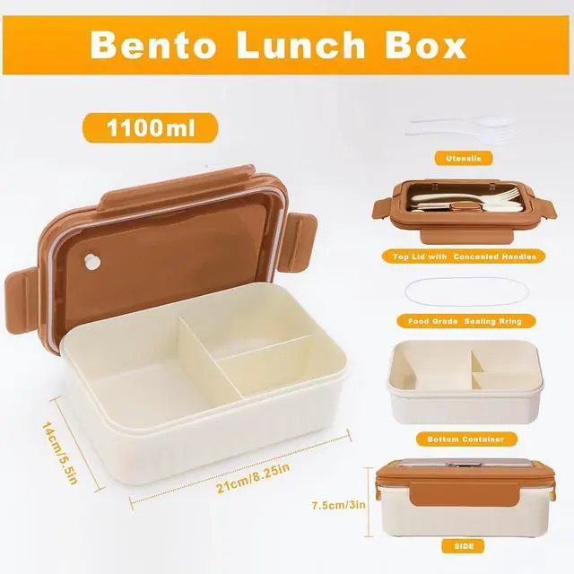 Alt view image 3 of 7 - Bento Box Adult Lunch Box, Lunch Food Containers for Kids Girls Boys with 3 Compartments, 1100 ML Bento Box with Utensils, Microwave & Dishwasher Safe, BPA-Free and Food-Safe Materials(Brown)