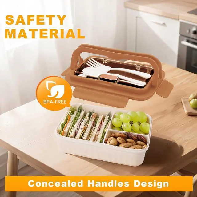 Alt view image 4 of 7 - Bento Box Adult Lunch Box, Lunch Food Containers for Kids Girls Boys with 3 Compartments, 1100 ML Bento Box with Utensils, Microwave & Dishwasher Safe, BPA-Free and Food-Safe Materials(Brown)