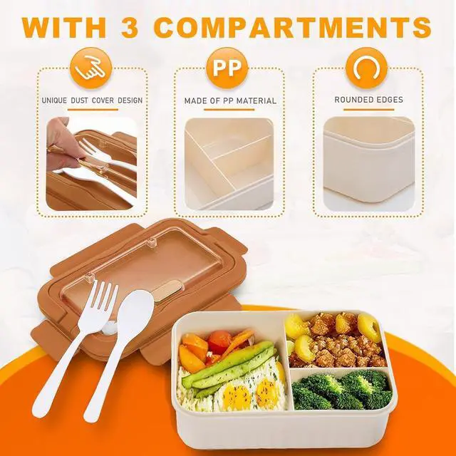 Alt view image 6 of 7 - Bento Box Adult Lunch Box, Lunch Food Containers for Kids Girls Boys with 3 Compartments, 1100 ML Bento Box with Utensils, Microwave & Dishwasher Safe, BPA-Free and Food-Safe Materials(Brown)