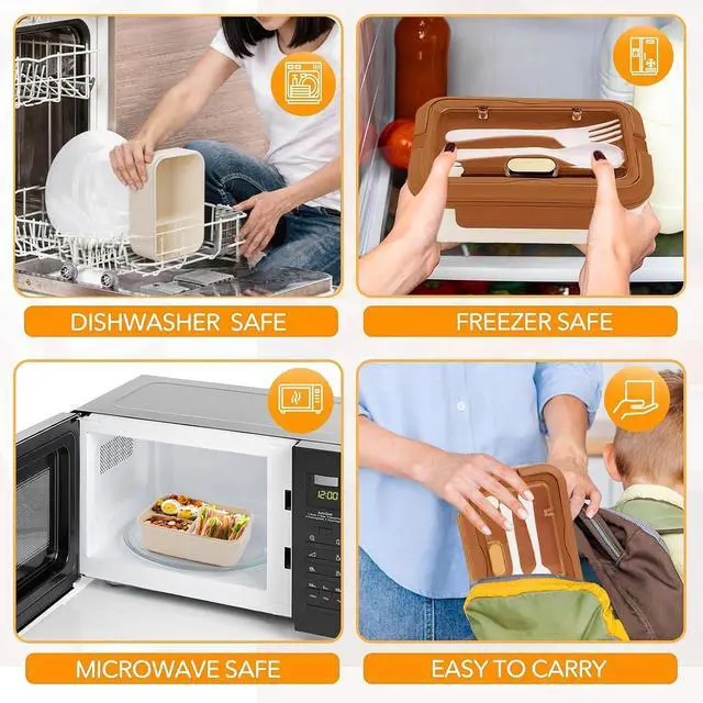 Alt view image 7 of 7 - Bento Box Adult Lunch Box, Lunch Food Containers for Kids Girls Boys with 3 Compartments, 1100 ML Bento Box with Utensils, Microwave & Dishwasher Safe, BPA-Free and Food-Safe Materials(Brown)
